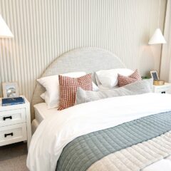 styling your home and create an inviting bedroom sancturay, styled bed and bedside tables in soft neutral tones