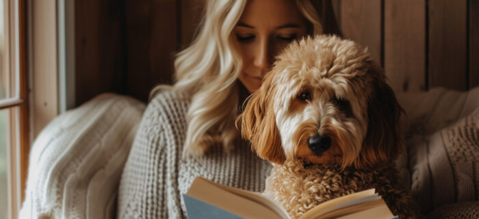 26 simplistic things to reclaim your peace this year. woman sitting with Cavoodle dog reading a book. soft neutral tones and blues