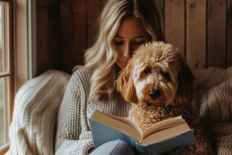 26 simplistic things to reclaim your peace this year. woman sitting with Cavoodle dog reading a book. soft neutral tones and blues