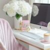 reducing paper clutter in the home, organised chic, pretty pink tidy desk with computer and coffee