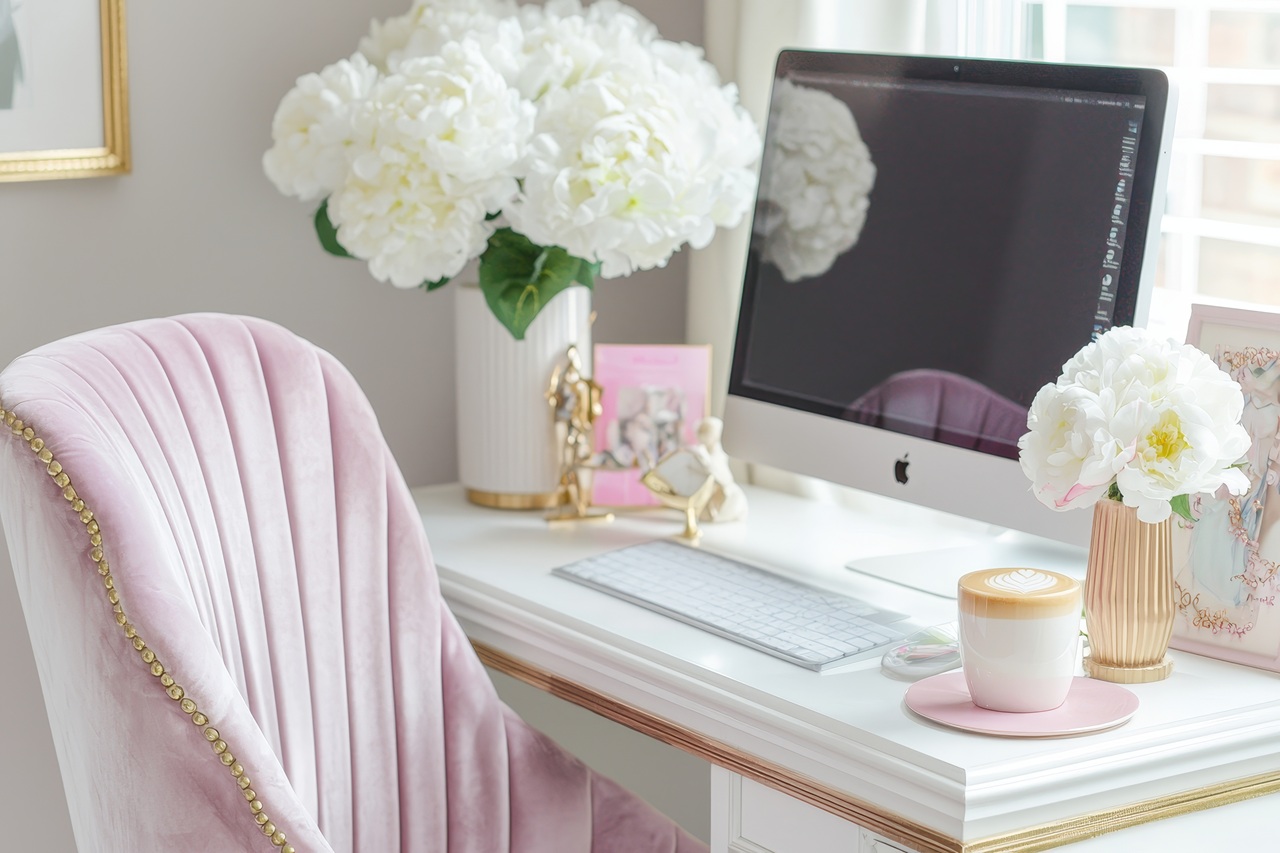reducing paper clutter in the home, organised chic, pretty pink tidy desk with computer and coffee