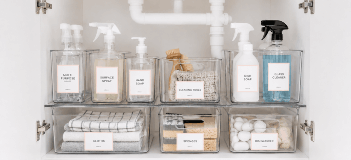 organising the cupboard under the kitchen sink. clear containers with cleaning supplies. www.organisedchic.com.au