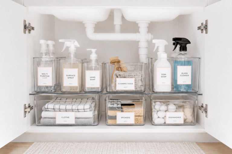 organising the cupboard under the kitchen sink. clear containers with cleaning supplies. www.organisedchic.com.au